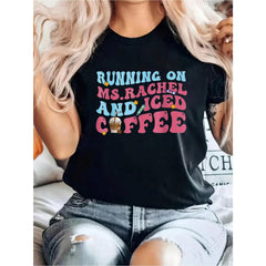 100% Cotton Running On Print T-Shirt, Casual Crew Graphic Print Solid T-Shirt, Women's Casual Short Sleeve Top For Spring & Summer, Women Graphic T-Shirts