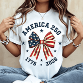 America 250 Stars And Stripes Bow Print T Shirt White Crew Neck Casual Top For Independence Day Celebration