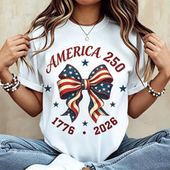 America 250 Stars And Stripes Bow Print T Shirt White Crew Neck Casual Top For Independence Day Celebration