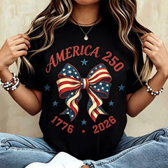 America 250 Stars And Stripes Bow Print T Shirt White Crew Neck Casual Top For Independence Day Celebration