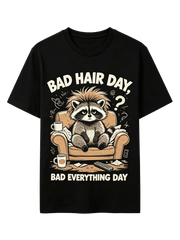 Bad Hair Day Bad Everything Day Grumpy Cartoon Raccoon On Couch Graphic T-Shirt Funny Moody Lazy Animal Humor Casual Short Sleeve Tee