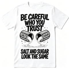 “Be Careful Who You Trust – Salt and Sugar Look The Same” Graphic T-Shirt – Unisex Life Lesson Tee, Inspirational Streetwear Top
