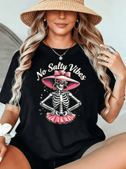 Black T-Shirt for Women Featuring a 'No Salty Vibes' Skeleton Design, Edgy Pink Hat Skull Graphic