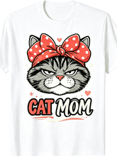 Cat Mom Grumpy Grey Tabby Cat Red Bow Bandana Graphic T-Shirt, Proud Cat Mother Pet Owner Gift Casual Short Sleeve T Shirt