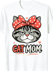 Cat Mom Grumpy Grey Tabby Cat Red Bow Bandana Graphic T-Shirt, Proud Cat Mother Pet Owner Gift Casual Short Sleeve T Shirt