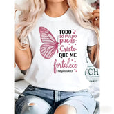 Christian Philippians 4:13 T-Shirt – Spanish Bible Verse Cotton Tee with Butterfly Design