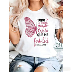 Christian Philippians 4:13 T-Shirt – Spanish Bible Verse Cotton Tee with Butterfly Design