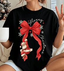 Christmas Santa T-shirt, Bow Christmas Shirt, Merry Santa Claus Women Tshirts Casual Short Sleeve,Christmas Gift Shirt