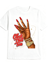 Clock That Tea Trendy Long Nails Gold Watch Bracelet Hand Graphic T-Shirt, Sassy Viral Quote Streetwear Short Sleeve Top For Ladies