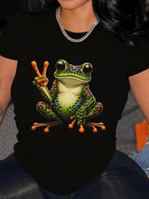 Colorful Peace Sign Frog Graphic T-Shirt Funny Cute Frog Lover Casual Tee