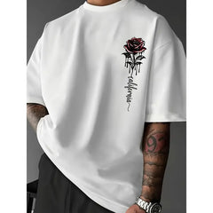 Cotton short sleeve T-shirt comfortable loose fit men's casual rose print T-shirt-crew neck
