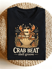 Crab Beat Shell Groove Graphic T-Shirt Retro Cartoon Cool Crab Playing Drums Underwater Coral Seaweed Funny Ocean Marine Music Casual Short Sleeve Tee