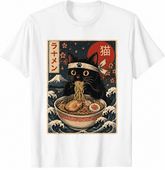 Cute Black Cat Ramen T Shirt for Men Women, Japanese Ukiyoe Style Cat Noodle Graphic Tee, Vintage Wave Print Casual Short Sleeve Shirt