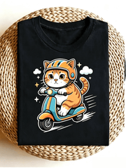 Cute Cat Graphic T-Shirt for Women Men, Cartoon Cat Riding Scooter Print Tee, Funny Animal Short Sleeve Crew Neck Casual Shirt