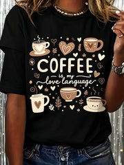 Cute Coffee Graphic Print T-Shirt, Short Sleeve Crew Neck Casual Top for Summer And Spring, Women'S Clothing