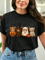 Cute Halloween Highland Cow Pumpkin Witch Ghost Bat Spider Web Print, Short Sleeve Crew Neck Casual T Shirt