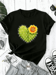 Cute Heart Cactus Yellow Flower Graphic T-Shirt Women, Western Desert Plant Lovers Casual Short Sleeve Tee Botanical Nature Top