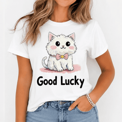 Cute Kawaii White Kitten with Pink Bow Graphic Tee – “Good Lucky” Funny Cat T-Shirt for Women & Girls – Soft Cotton Short Sleeve Casual Top – Perfect Gift for Cat Lovers