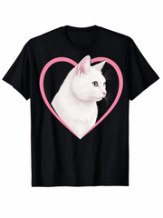 Cute White Cat Heart Graphic T Shirt for Women, Funny Animal Lover Tee, Kawaii Cat Print Casual Short Sleeve Shirt