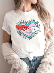 Devils Roll The Dice Angels Fun Letter Pattern Print T-Shirt Short Sleeve Women'S Round Neck Top