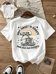 Don’t Forget To Hydrate Mind Your Own Business Skeleton Retro Sunset T-Shirt, Funny Gothic Water Reminder Graphic Short Sleeve Tee