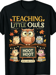 Fall Back To School Cute Owl Family Branch String Lights Autumn Teacher Novelty Casual Tee