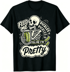 “Feed Me Pickles & Tell Me I’m Pretty” Skeleton T-Shirt – Funny Retro Halloween Graphic Tee, Sarcastic Gift for Pickle Lovers