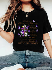 Floral Cross Butterfly Print Women Christian Faith Inspirational Graphic T-Shirt