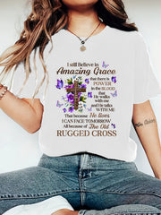 Floral Cross Butterfly Print Women Christian Faith Inspirational Graphic T-Shirt