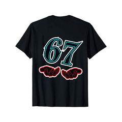 Funny 67 Meme T-Shirt, 67 Number Joke with 6 & 7 Hands Print, 100% Cotton Gift Idea for Birthdays Parties (Black)