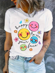Funny Cartoon Joyful Face Printed T-Shirt, Back to Teacher T-Shirt, Happy to See Your Face T-Shirt, Teacher Life T-Shirt, Teacher Appreciation Gift, Teacher's Day Gift