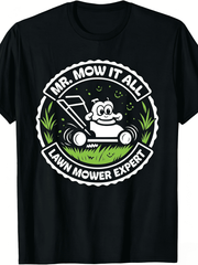 Funny Landscaper Cartoon Lawn Mower Crew Neck Tee, Gardener Dad Casual Top