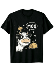 Funny Lazy Cow Eating Hay Short Sleeve Tee, Retro Farm Life Graphic Top for Men Women