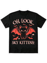 Funny Sky Kittens Bat Cat Cloud Retro Spooky Season Novelty Casual Tee