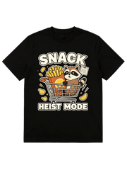 Funny Snack Heist Mode Graphic Tee Cartoon Raccoon Stealing French Fries In Mini Shopping Cart Junk Food Humor Print All Seasons Casual Short Sleeve T Shirt