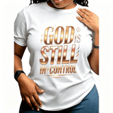 God Is Still In Control Shiny Metallic Letter Christian T-Shirt, Inspirational Religious Faith Statement Short Sleeve Top For Women