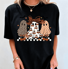Halloween Ghost T-Shirt, Coquette Leopard Checkered Ghost Graphic Tee, Cute Spooky Season Top, Pumpkin Season Fall Shirt For Women