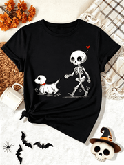 Halloween T-Shirt for Women Skeleton Walking Ghost Puppy Heart Graphic Fall Holiday Tee