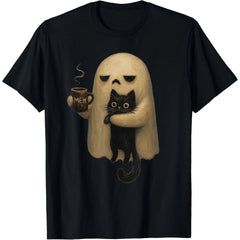 Halloween T-shirts, ChristmasSpooky Ghost Holding Black Cat Coffee Lover Funny Halloween
