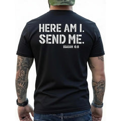 Here Am I Send Me Faith Graphic Tee for Men Fathers Day Christian Bible Verse Shirt Isaiah 6 8 Short Sleeve Crewneck Streetwear Gift for Dad