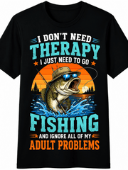I Don't Need Therapy I Just Need To Go Fishing Retro Sunset Bass Fisherman Graphic T-Shirt, Funny Angler Gift Soft Sweat-Wicking Cotton Crew Neck Tee For Summer Outdoor Fishing Camping Daily Wear