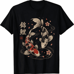 Japanese Koi Fish Graphic T-Shirt Lucky Carp Cherry Blossom Unisex Casual Tee