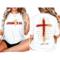 “John 3:16” Double Sided Cross T-Shirt – Christian Bible Verse Graphic Tee, Religious Faith Gift for Men Women