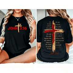 “John 3:16” Double Sided Cross T-Shirt – Christian Bible Verse Graphic Tee, Religious Faith Gift for Men Women