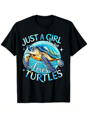 Just A Girl Who Loves Turtles Cute Blue Sea Turtle Beach Ocean Graphic T-Shirt, Animal Lover Summer Vacation Casual Tee For Girls & Women