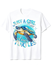 Just A Girl Who Loves Turtles Cute Blue Sea Turtle Beach Ocean Graphic T-Shirt, Animal Lover Summer Vacation Casual Tee For Girls & Women