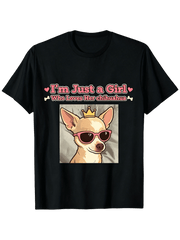 I'm Just a Girl Who Loves Her Chihuahua T-Shirt - Black 180g 100% Crew Neck Short Sleeve Tee with Cute Chihuahua Graphic, S-XXXL Sizes for Men & Women, Summer Outdoor Casual Dog Lover Apparel