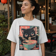 Kawaii Black Cat Eating Ramen Japanese Anime Graphic Crew Neck Casual Short Sleeve T-Shirt For Food Cat Lovers