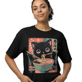 Kawaii Black Cat Eating Ramen Japanese Anime Graphic Crew Neck Casual Short Sleeve T-Shirt For Food Cat Lovers