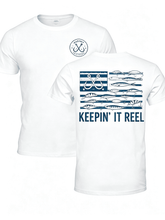 Keepin It Reel Distressed US Flag Fishing Hook Lure Double Sided Print T-Shirt, Outdoor Fisherman Angler Hobby Patriotic Short Sleeve Tee For Men